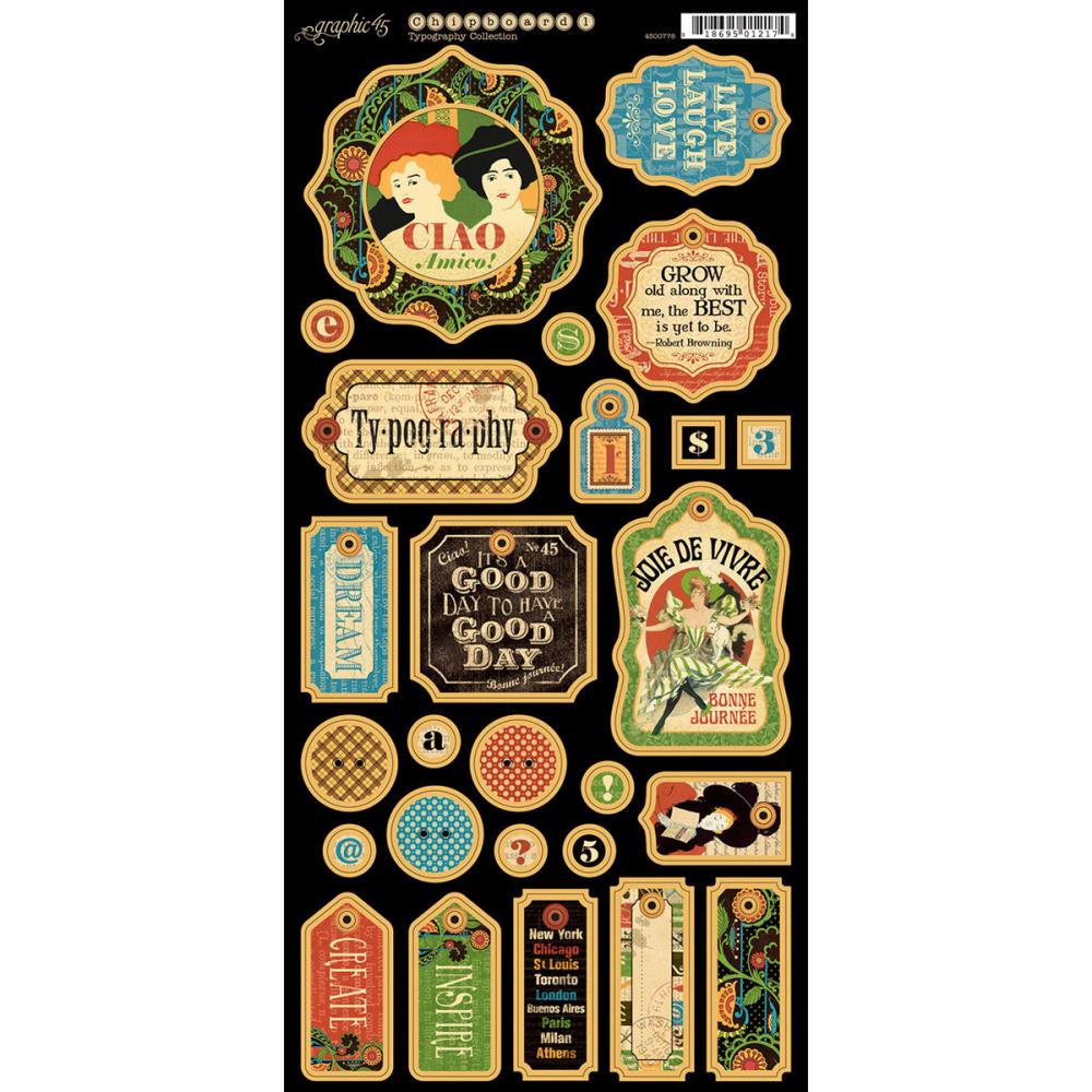 Graphic 45 Typography Chipboard Die-Cuts 6"X12" Sheet Graphic 45 Typography Chipboard Die-Cuts 6"X12" Sheet